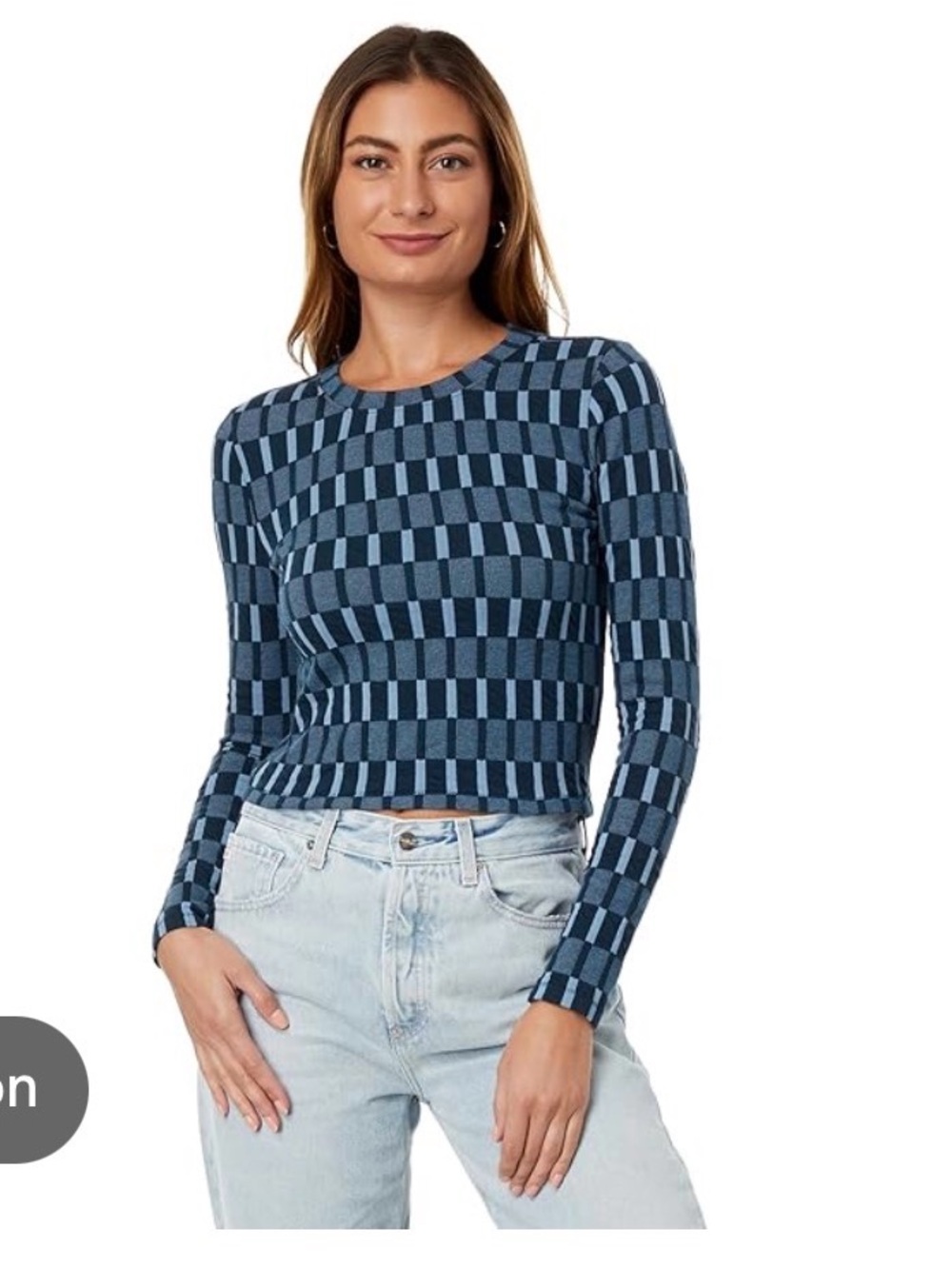 Madewell Blue Checker Ribbed Long-Sleeve sweater Crop Top